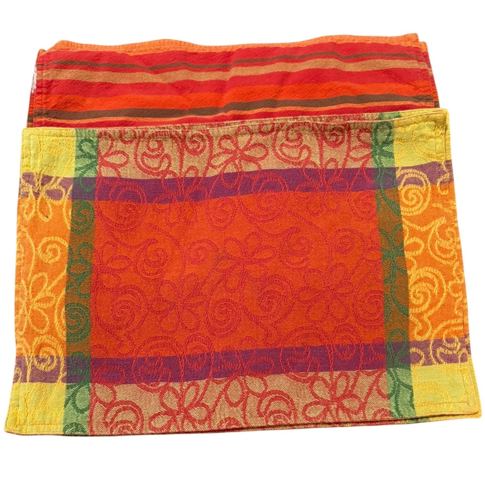 VTG Set of 6 French Country Jacquard Woven Placemats Orange Yellow Floral 17x12